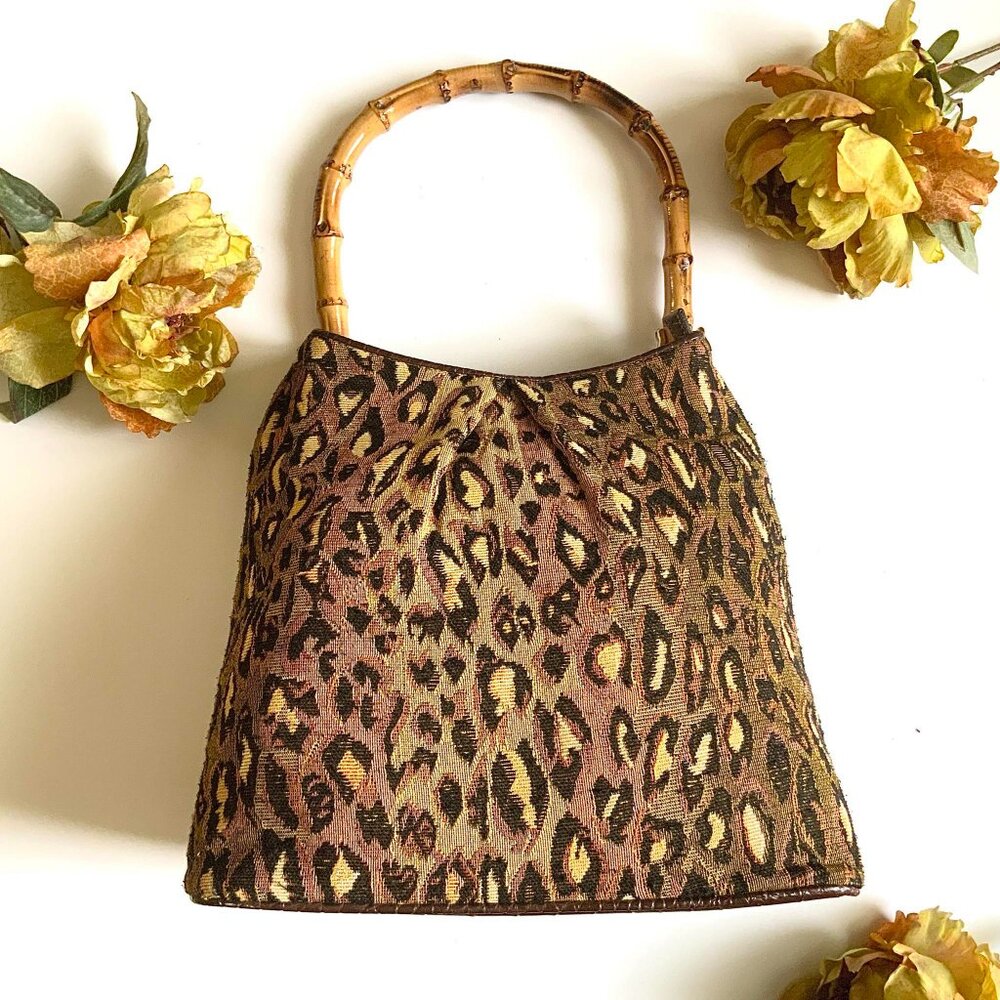 ENZO CORDILLO Brown and Black Animal Prints Tapestry Bag with Bamboo Top Handle